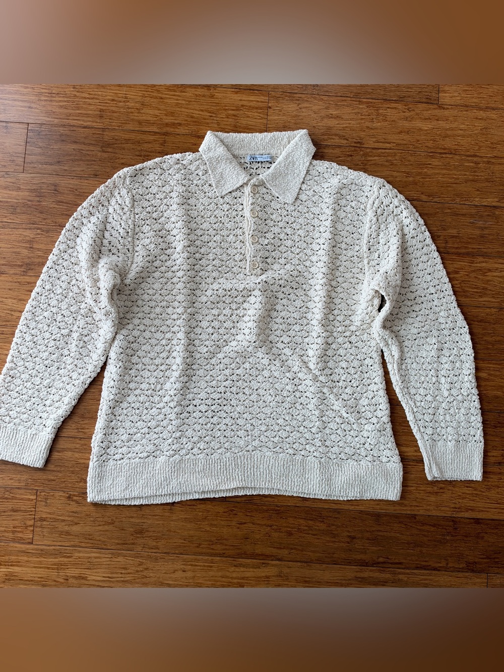 Zara Mens Crochet Open Knit Long Sleeve Polo Sweater Ecru Off-White L-XL
